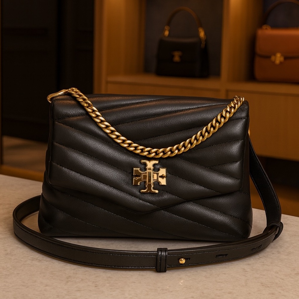 NEW Tory Burch Kira Chevron Double Strap Black Crossbody/Satchel/Shoulder Bag